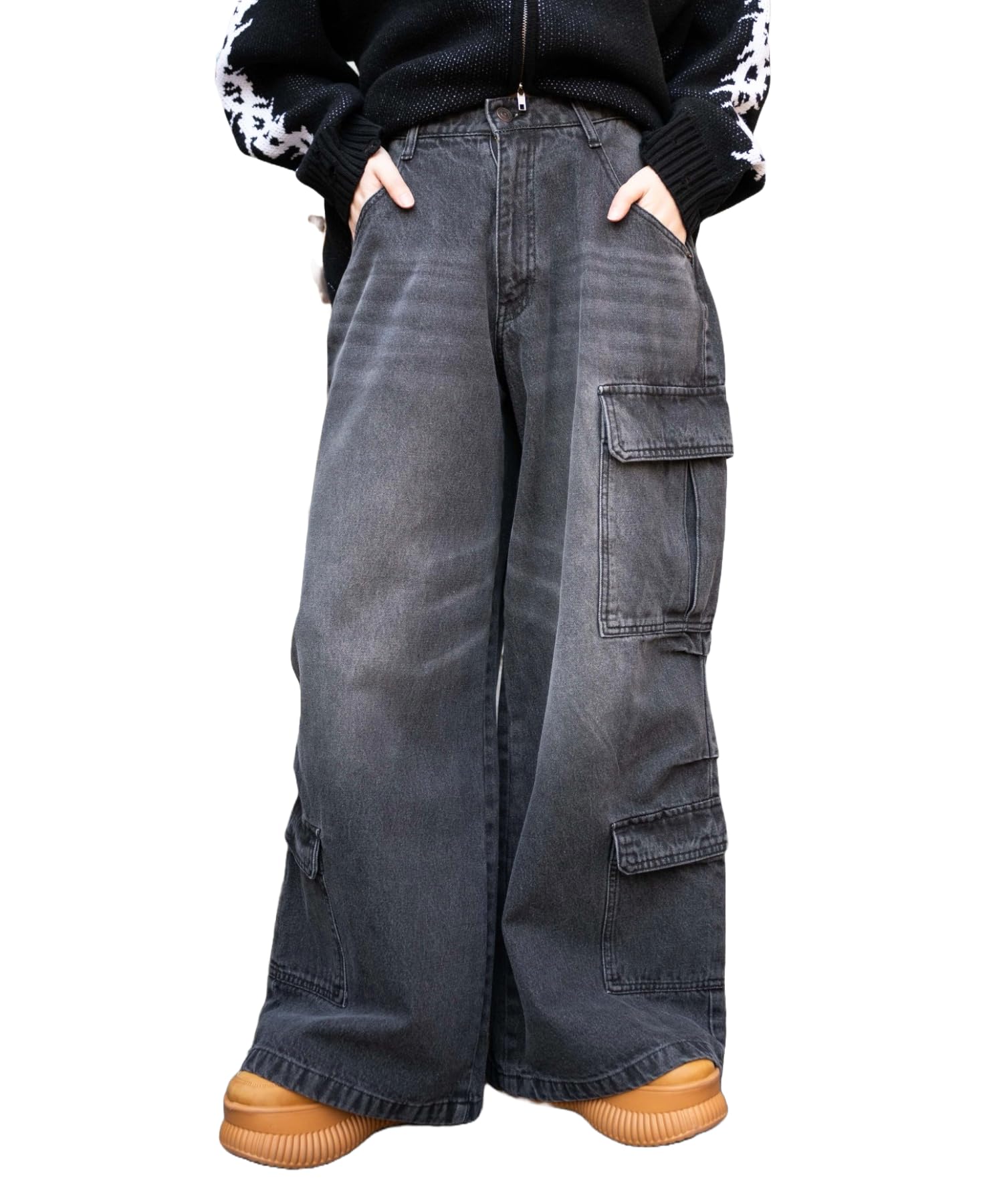 WEGO Vintage Wash Baggy Cargo Korean Dance Size Black Pants, Wide-Leg Trousers, Trousers, Bottoms, Streetwear, Casual, Style, Wear, Spring, Summer, чёрный