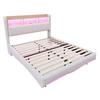 Children Bed Suspended Design Upholstered 140x200cm Linen Fabric, Multifunctional Storage with LED Light Light, USB And Type-C Interface, Beige