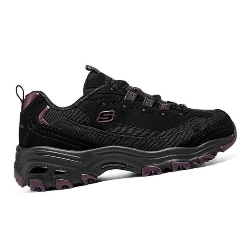 Skechers D'LITES 1.0 Milk Tea Bear Bold Bayberry Women Mesh Leather Low Chunky Sneakers Black Purple 149906-BKPR