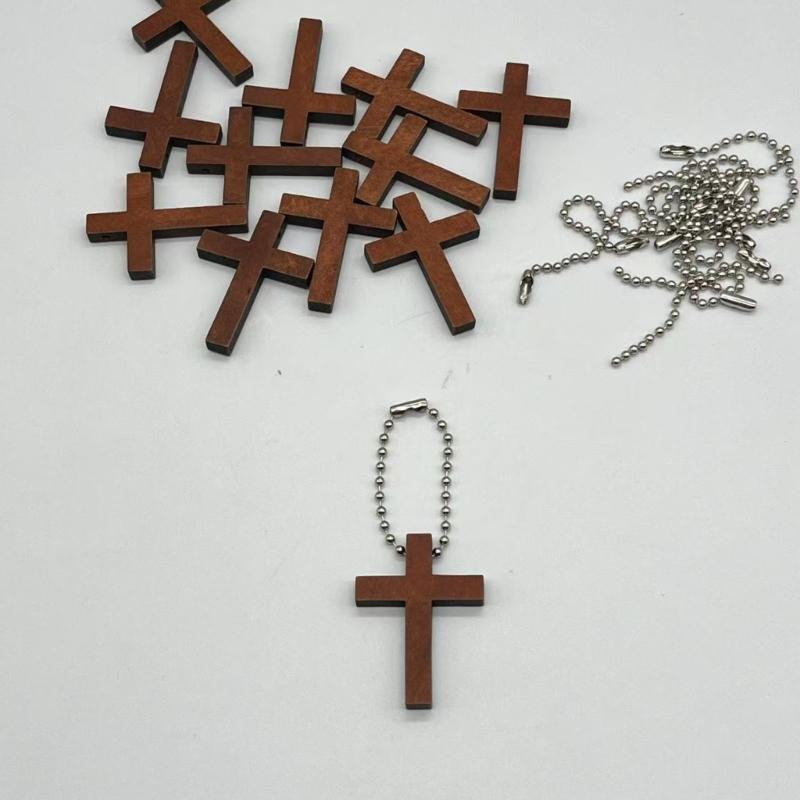 100Pcs Mini Wooden Crucifix Pendant With Beaded Chain For Keychain or Bag Charm Natural Wooden Jewelry Accessory