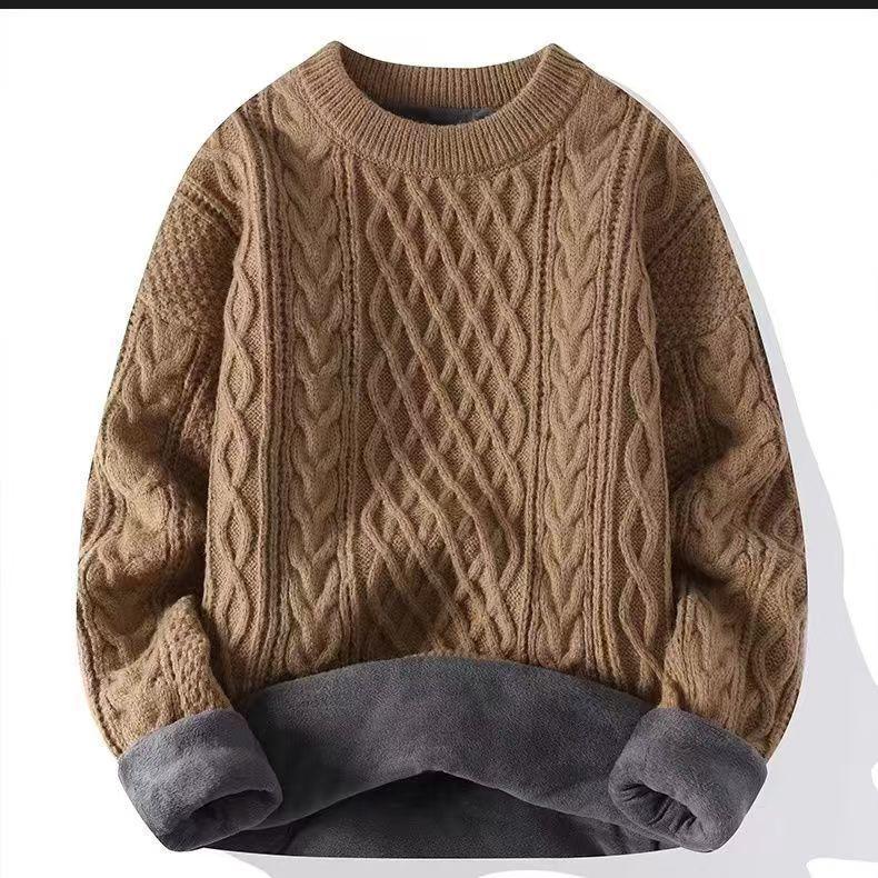 Luxury Autumn/Winter Velvet-Lined Cable Knit Sweater: Warm, Versatile, Thick Round Neck In Black & White