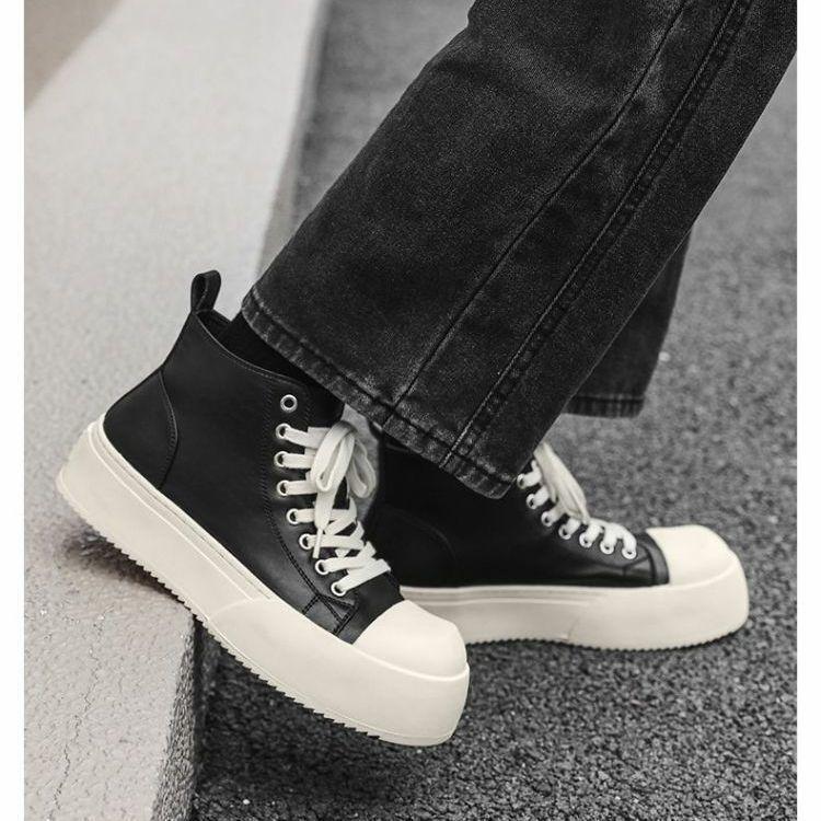 Fashion Women's Platform Ankle Boots Men High-Top Lace-Up Thick-Soled Big Round Toe Shoes Unisex Couple Height-Increasing Sneakers