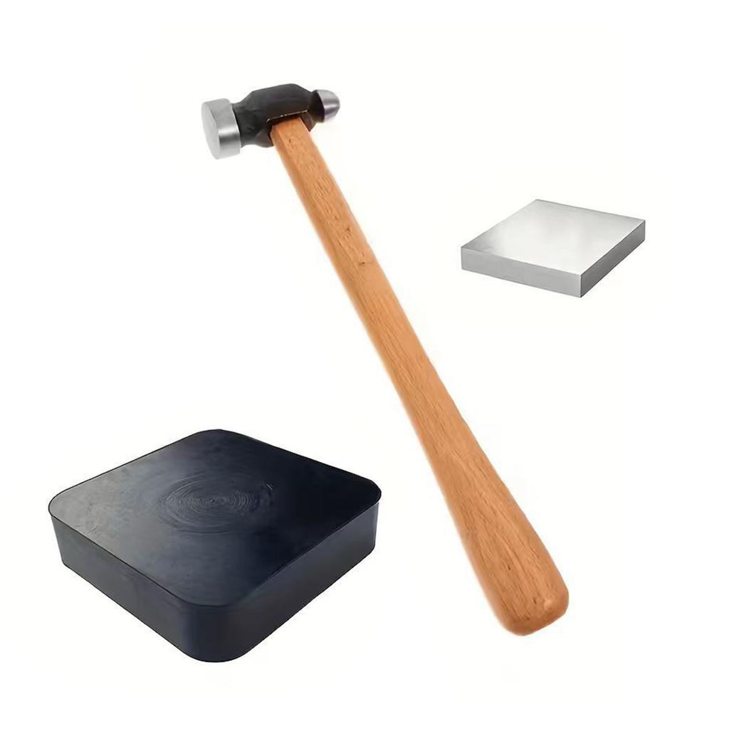 3Pieces Jewelry Making Tool Set Silicone Mat Wooden Base Iron Hammer Head Professional Stamping Hammer for Repairing