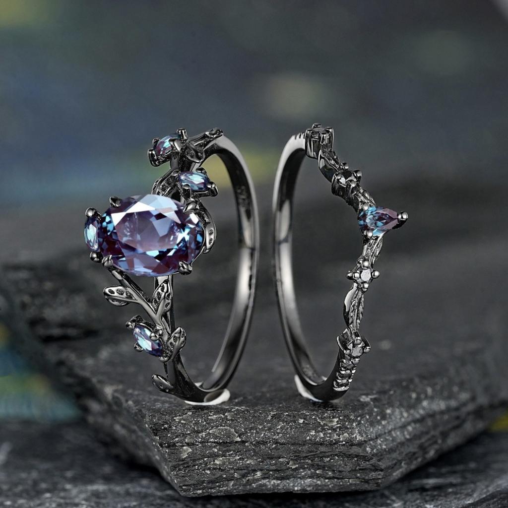 Luxus Zweig Gekreuzt Retro Gun Black Paarring, Eingelegter Bunter Stein Damen Ins Dornenring