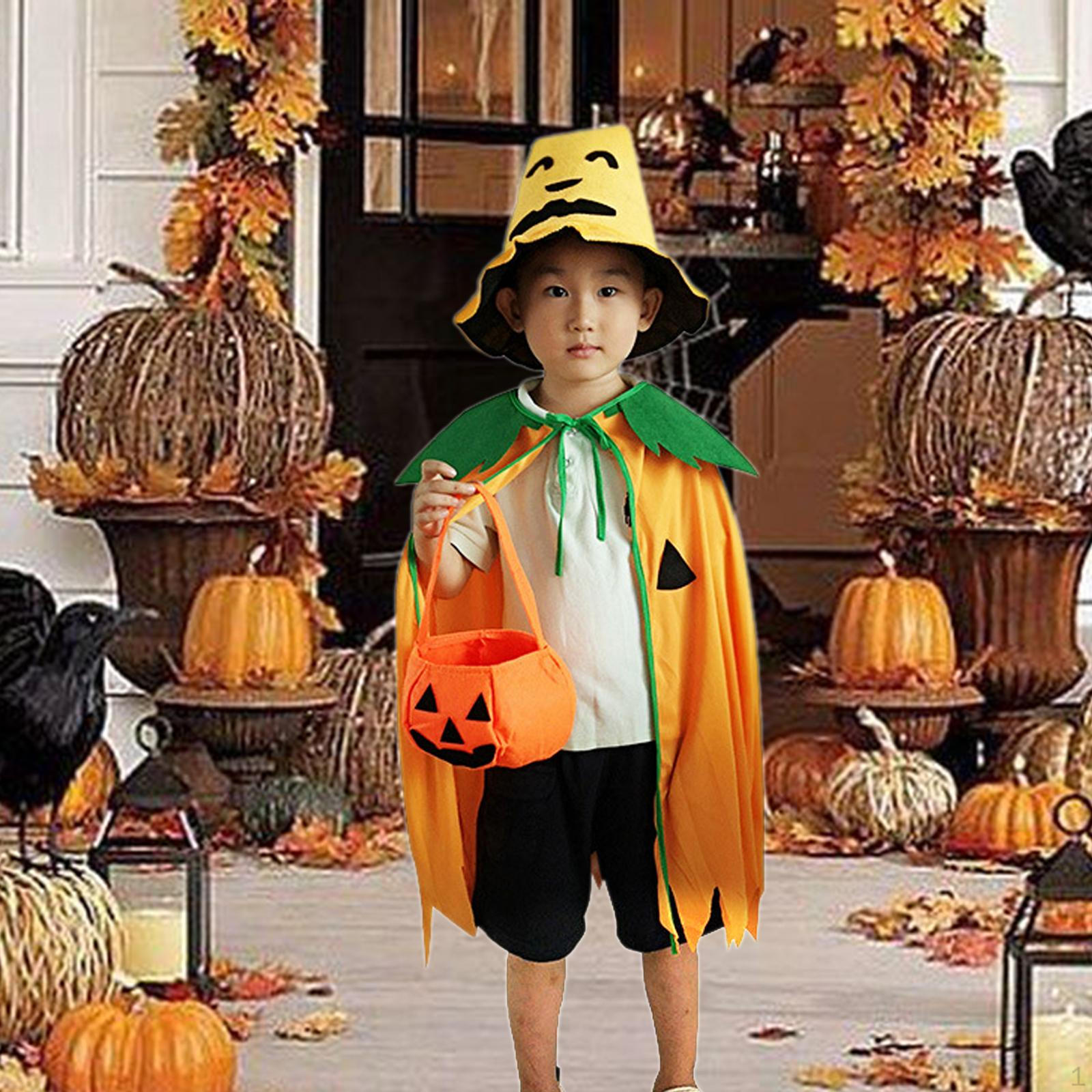 

Halloween Child Pumpkin Cloak, Hat and Bag Set Soft Cape for Club Party Supplies