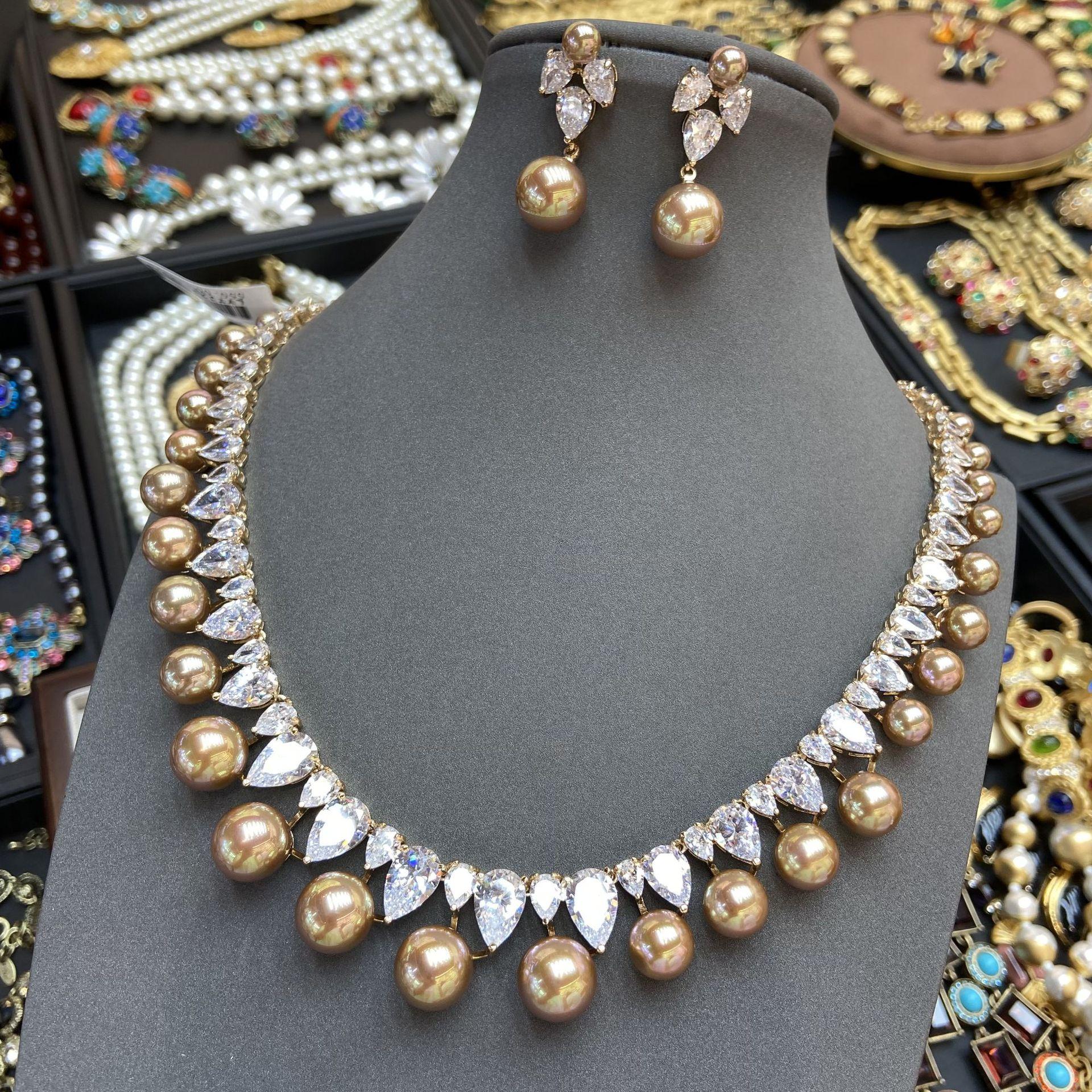 

Роскошные аксессуары коричневый жемчуг капли воды циркон серьги ожерелье комплект элитный ужин свадебные украшения