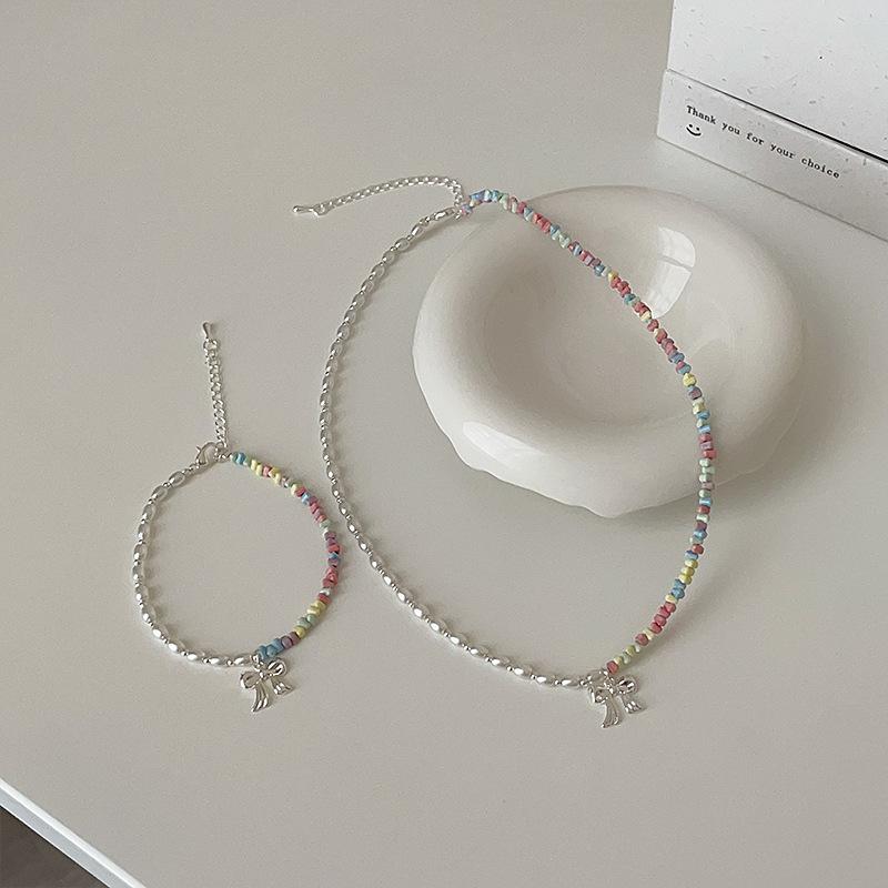 Dopamine Color Beaded Pearl Bow Necklace Bracelet Female Cute Exquisite Fashion Versatile Neck Chain Collarbone Chain