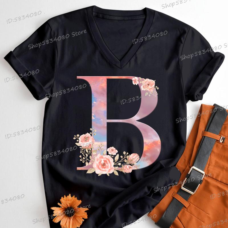Womens Clothing Pink Flower Alphabet Classic Top Sky Alphabet Cartoon Tshirt FeUnisex Floral Letters A B C D Birthday Gift Shirt