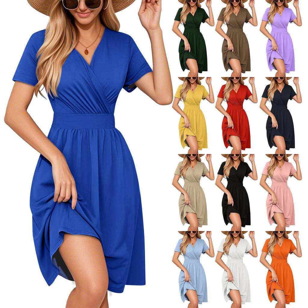 Women's Dress Is Elegant And Casual, A Solid-color V-neck Short-sleeved Dress