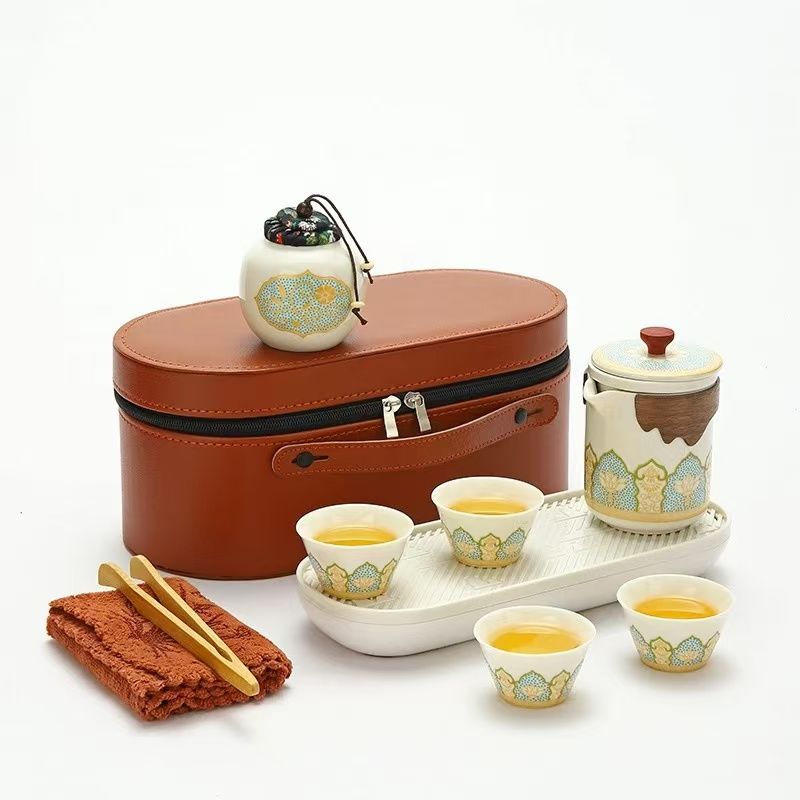 Exquisite Painted Travel Tea Set, Outdoor Teapot, Portable Ceramic Quick Cup, 1 Teapot and 4 Tea Cups
