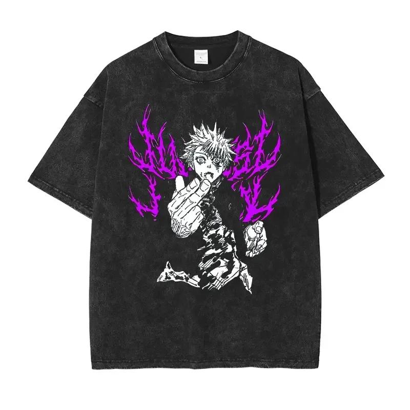 Japanese anime 100% Cotton T-shirt Anime J-Jujutsu K-Kaisen Vintage wash T-shirt Loose plus size short sleeve T-shirt