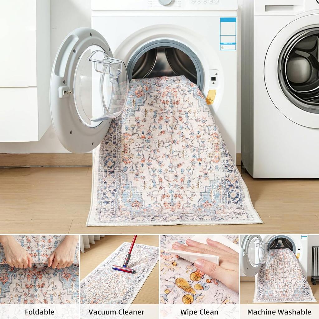 Boho 2x8 Hallway Runner Rug Non-Slip Washed Kitchen Rug Indoor Area Floor Mat Home Decor Laundry Room Bedroom Long Carpet