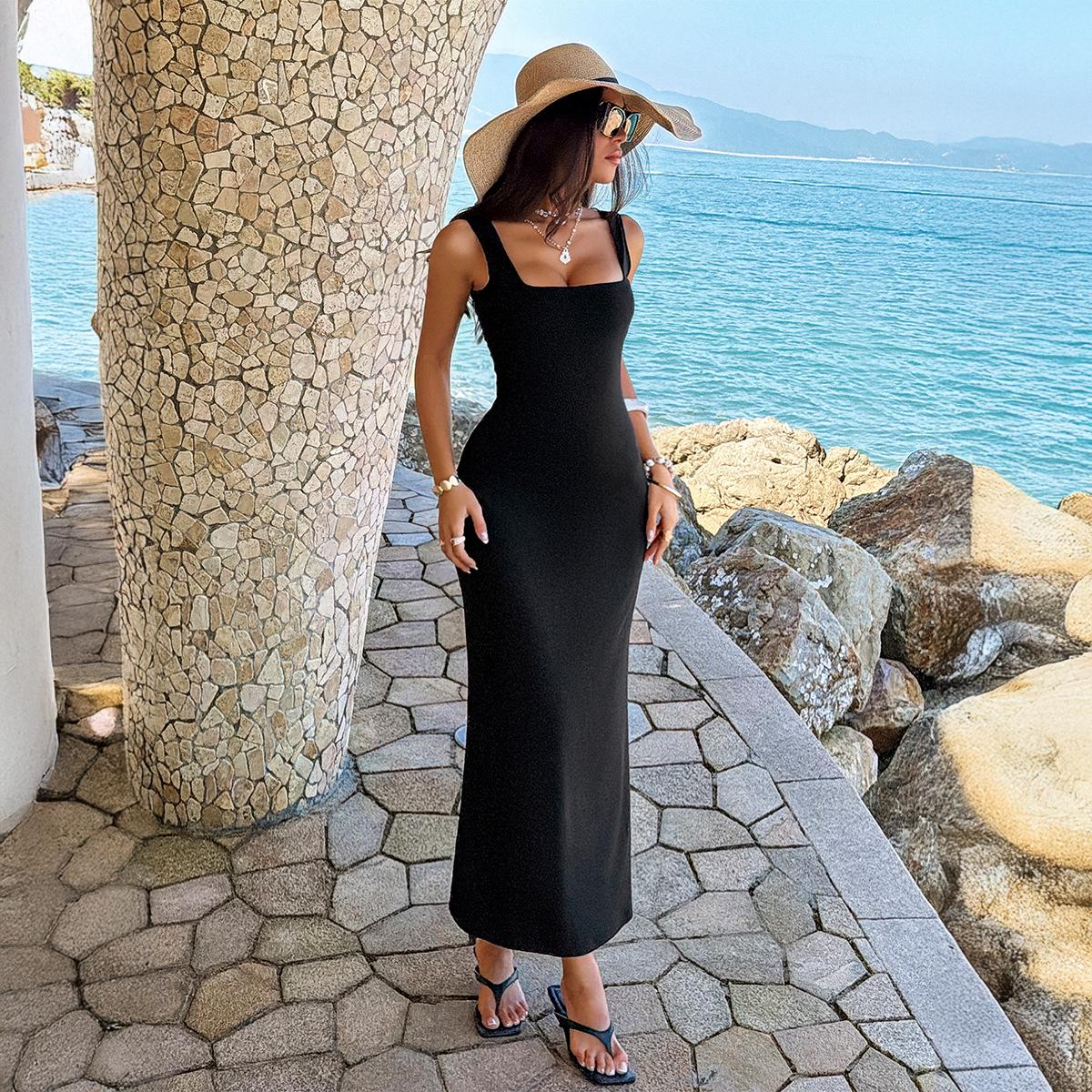 Европейское платье-футляр однотонное с квадратным вырезом - Женская коллекция Весна/Лето 2026 Large чёрный