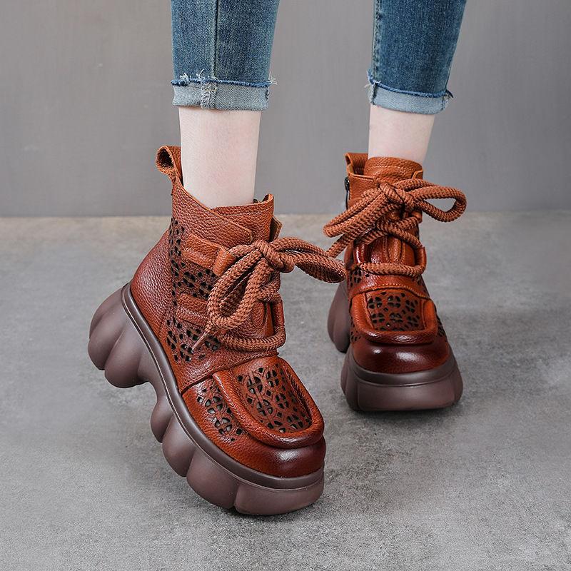 Cool boots women's 2025 spring and summer new retro sandals thick-soled hollow high-top women's shoes side zipper lace-up hole shoes