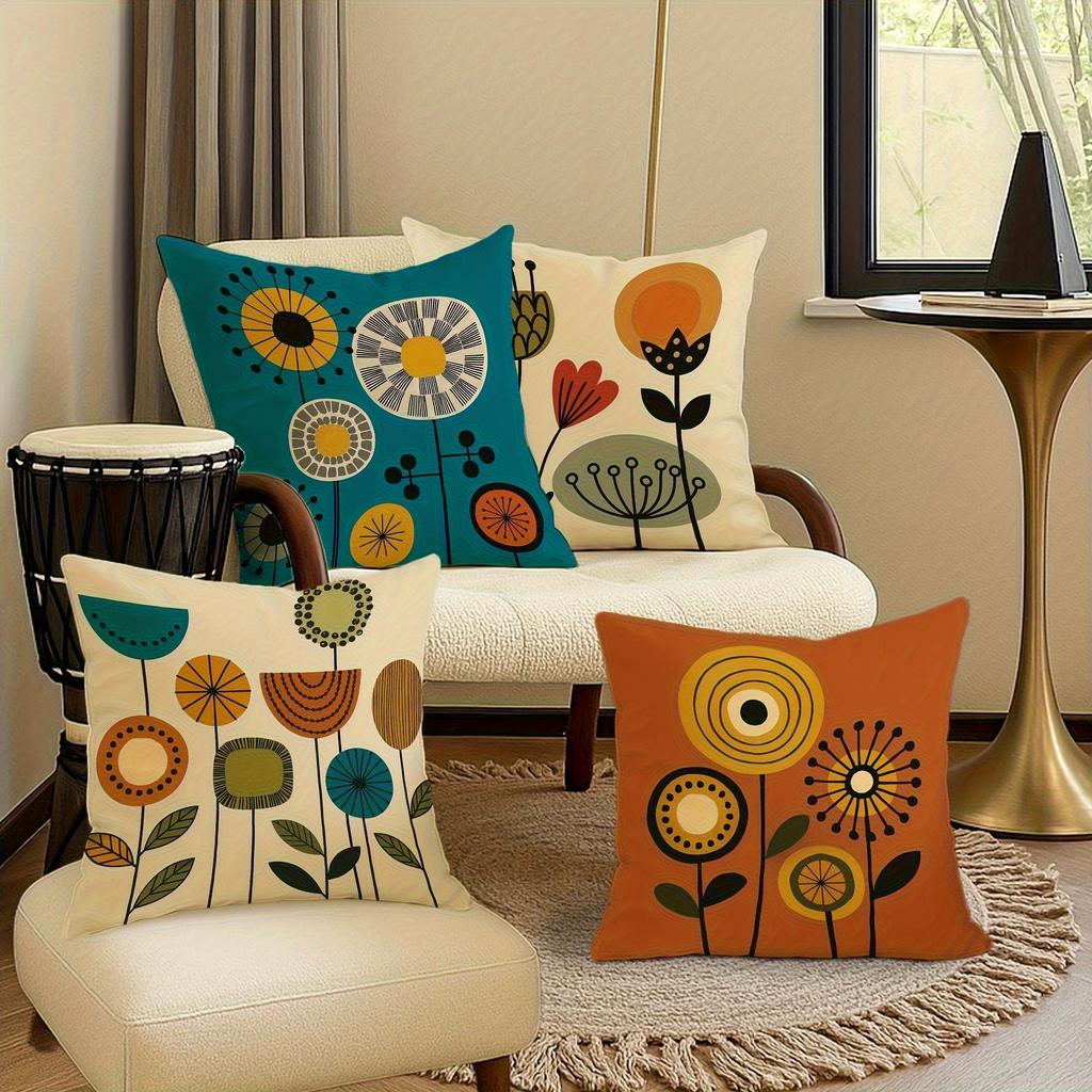 Retro Abstract Floral Pillow Covers Orange Blue Green Cushion Covers Zippered Decorative For Living Room Bedroom Sofa Home Decor