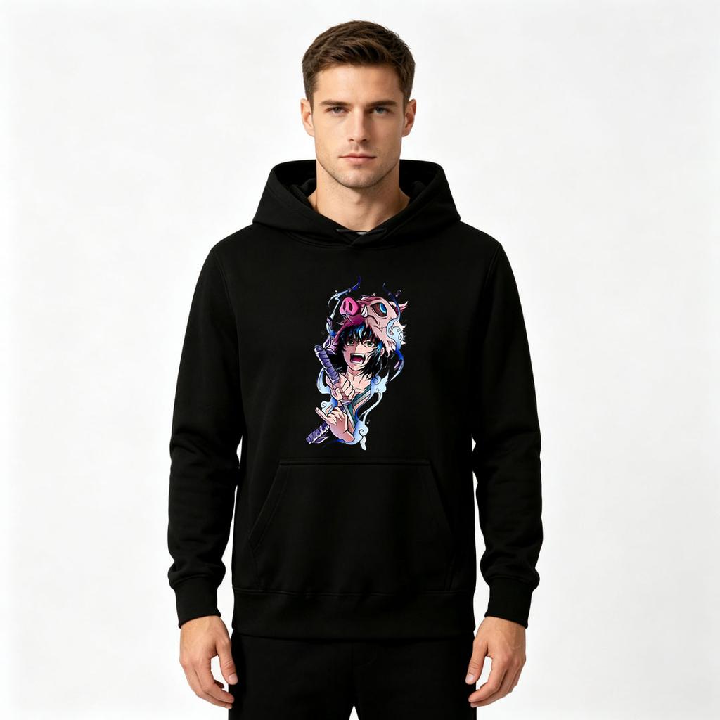 Men Anime Printed Pullover Hoodie Inosuke Pattern Casual Long Sleeve Sweatshirt for Daily Wear