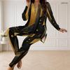 Women Plus Size Light Purple Printed Half Zip Long Sleeve Longline Top Fitted Pants Two Piece Set