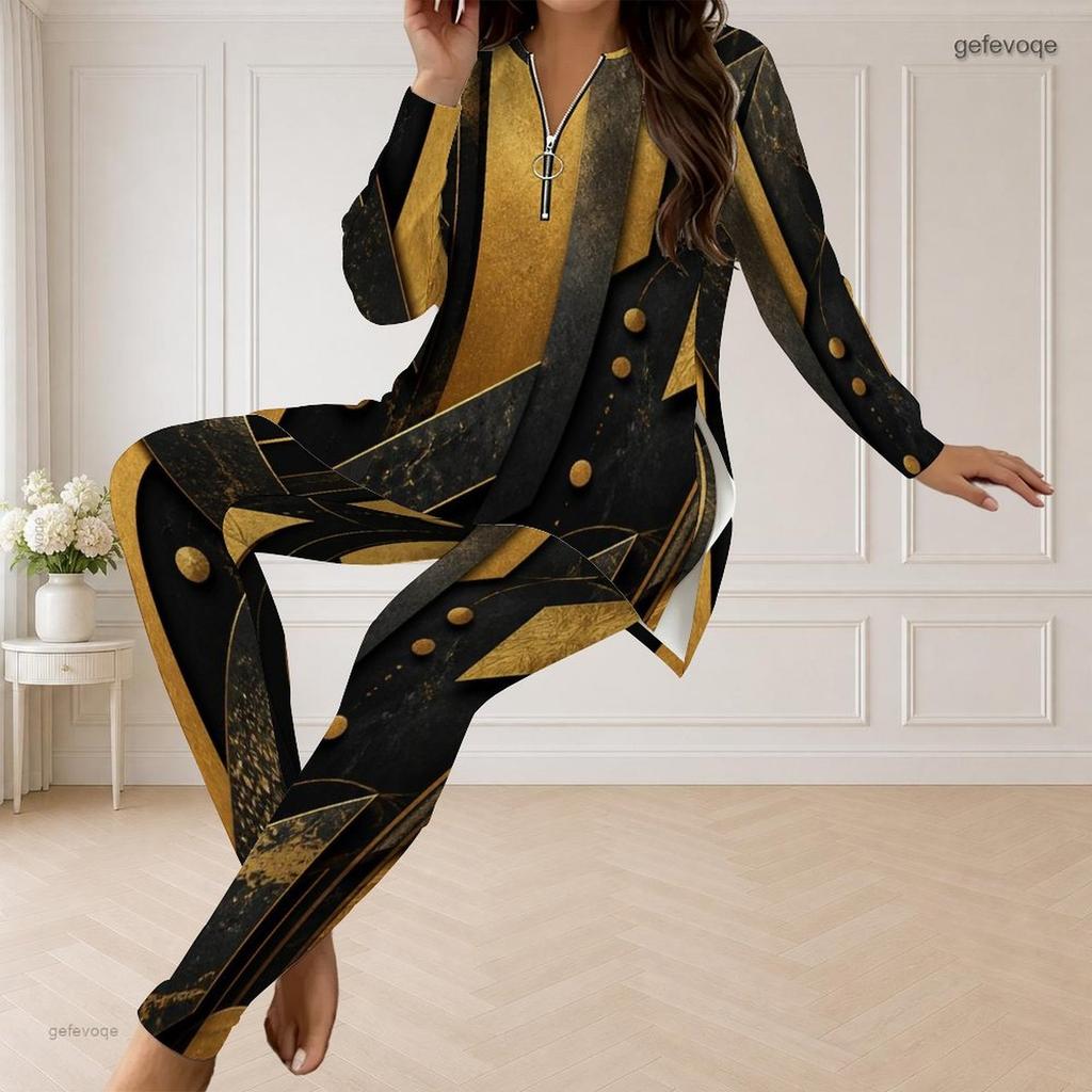 Women Plus Size Light Purple Printed Half Zip Long Sleeve Longline Top Fitted Pants Two Piece Set