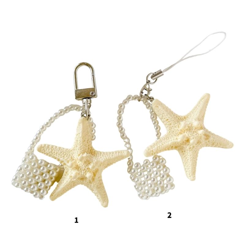 Elegant Starfish Keychain Pearls Accent Portable Purse Accessory