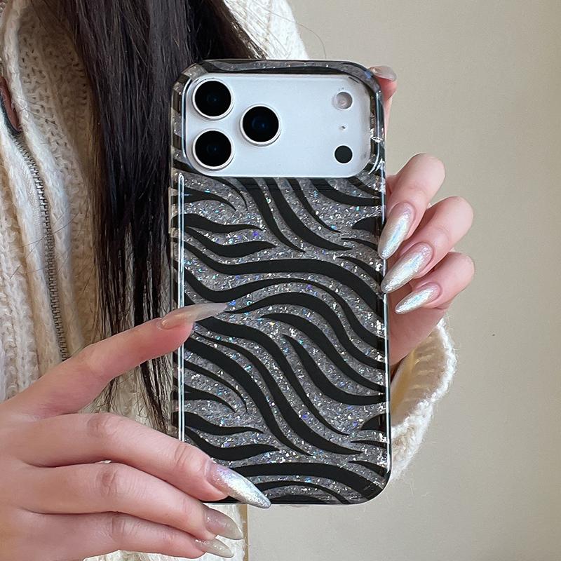 Bling Glitter Zebra Stripes Print Shiny IMD Back Cover For iPhone 13 14 15 16 17 Pro Max Phone Case