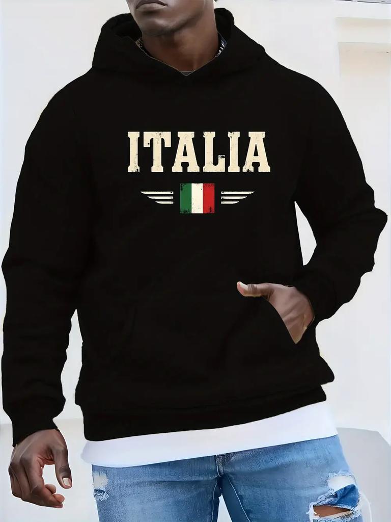 ITALIA Bluza z Kapturem Plus Size z Grafiką Włoskiej Flagi - Luźny Krój Sweter Casualowy z Nadrukiem w Stylu Vintage