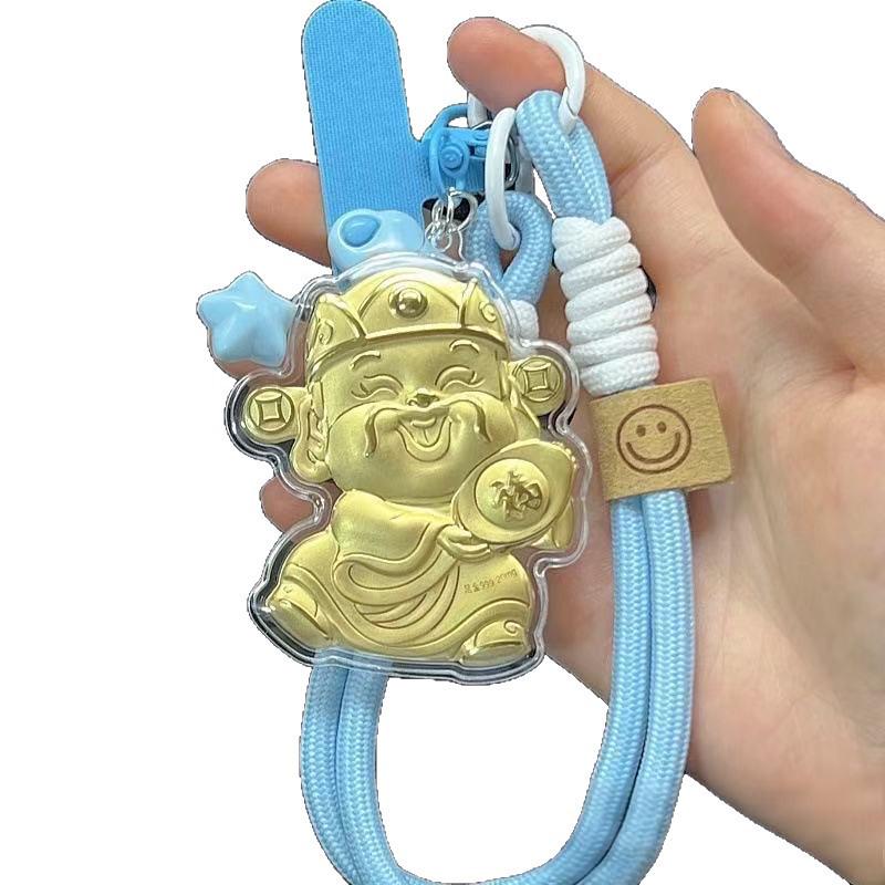 Shuibei 999 Fine Gold Lucky Cat Wealth Ingot Mobile Phone Lanyard & Bag Pendant