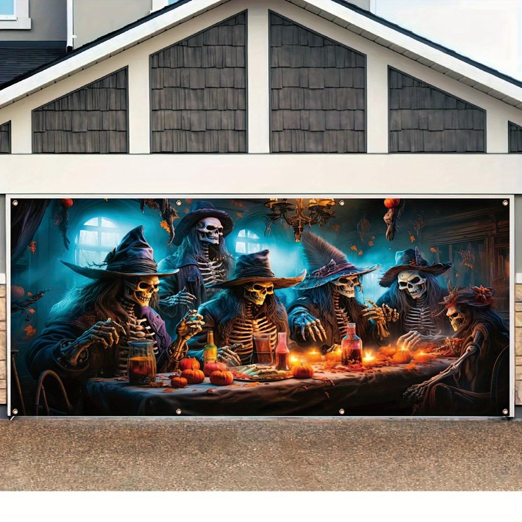 Halloween garage banner featuring skull and witch patterns no electricity or feathers required.PMJ