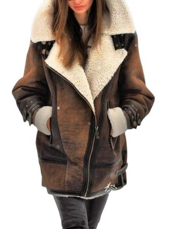 Damen Stehkragen Wildleder Mantel, Einlagiges Fell, Mehrfarbig, 2022 Edition.