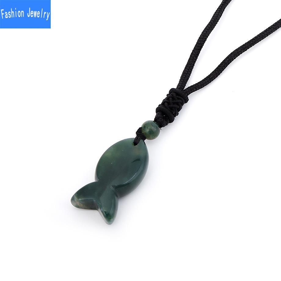 Niche unique design natural agate stone fish pendant crystal braided necklace jewelry