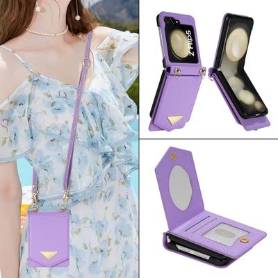 Cartera tipo espejo con tarjetero y funda para teléfono para Samsung Galaxy Z Flip 6 5 4 3 Flip6 Flip5 Flip4 Flip3 Funda de cuero PU para llevar cruzado