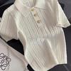 Polo Chic da Donna Stile Francese in Seta di Ghiaccio, Camicia a Maniche Corte Jacquard a Maglia Bianca Estiva