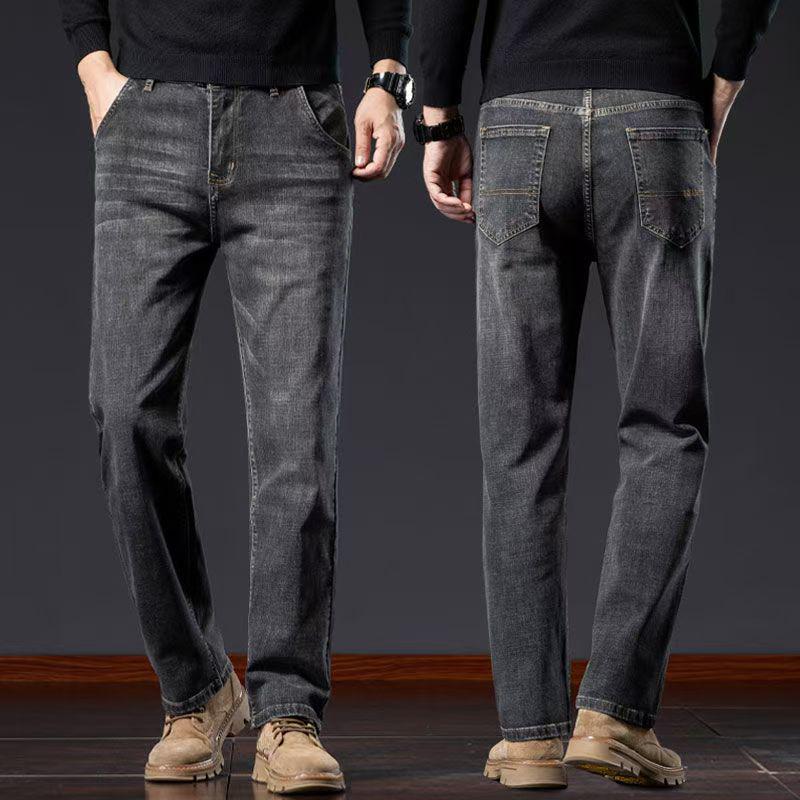 Men's Plus Velvet Loose-Fit Straight Jeans with Oblique Pockets - Versatile Autumn/Winter Nine-Point Pants (Large Size Available)