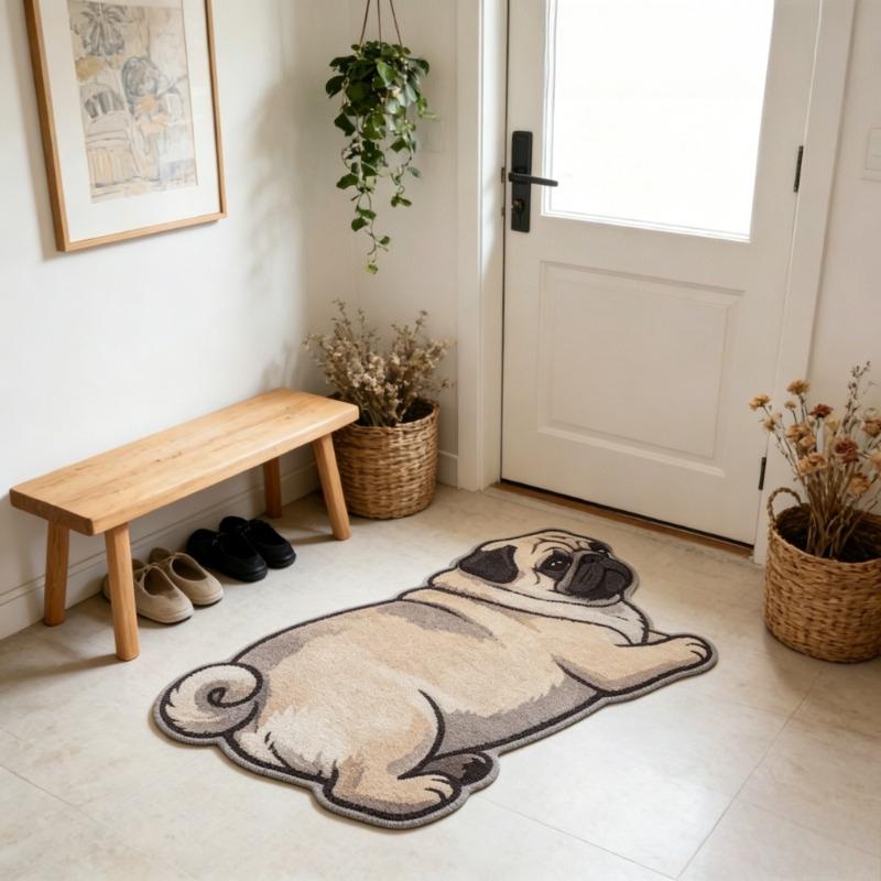 Lying Pug Dog Shaped Doormat 2D Flat Print Non Slip Waterproof Floor Mat For Bathroom Bedroom Animal Decor