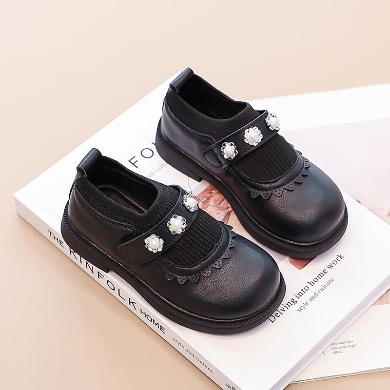New Spring Autumn Girls Princess Shoes Soft Sole Pearl Decor Knit Casual Flats