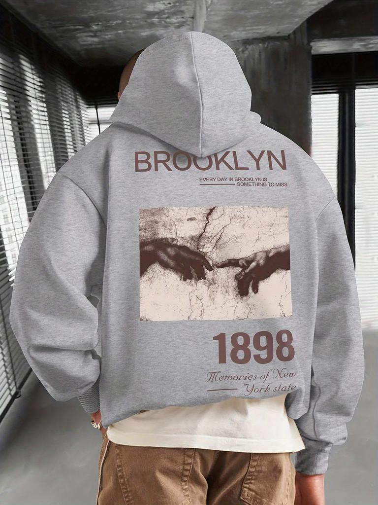 Modischer Retro Streetwear Hoodie für Jungs, Adam Hände Kunst & Brooklyn Letter Grafik auf dem Rücken, Hip Hop Locker Sport Oberteil