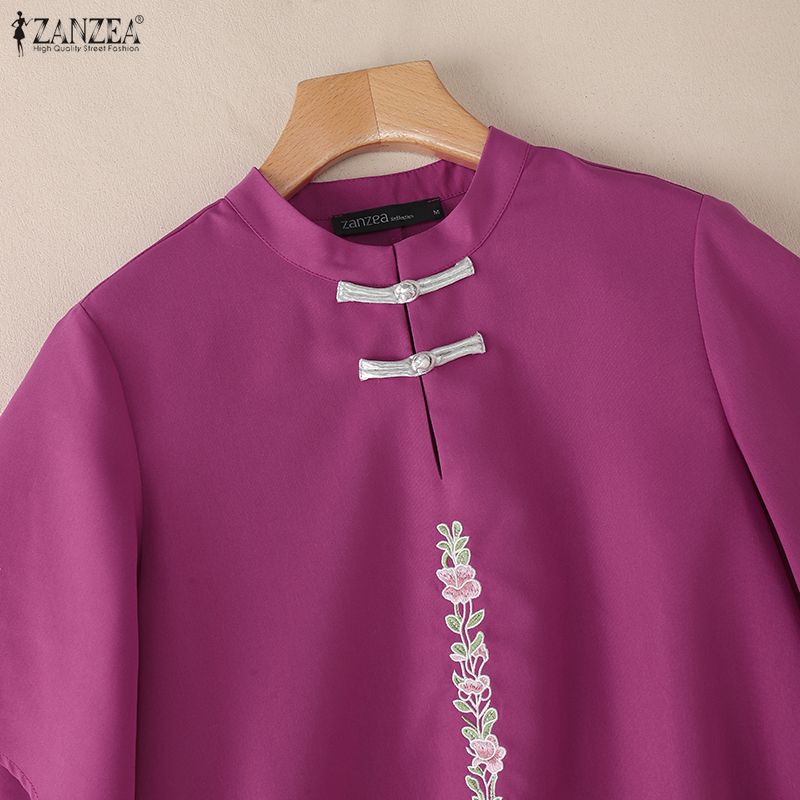 ZANZEA Women Stand Collar Casual 3/4 Sleeve Embroidery Print Loose Blouse