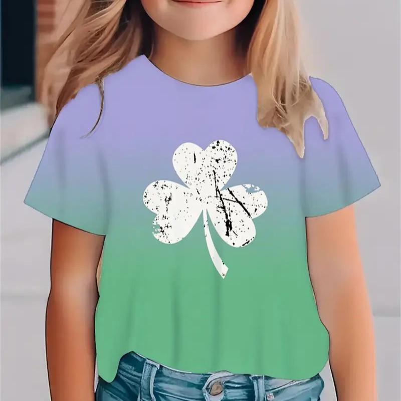 Kids T-shirt 3d Print New Minimalist 3D Printed Small Fresh Clover Pattern Girls' Round Neck Short Sleeved T-shirt