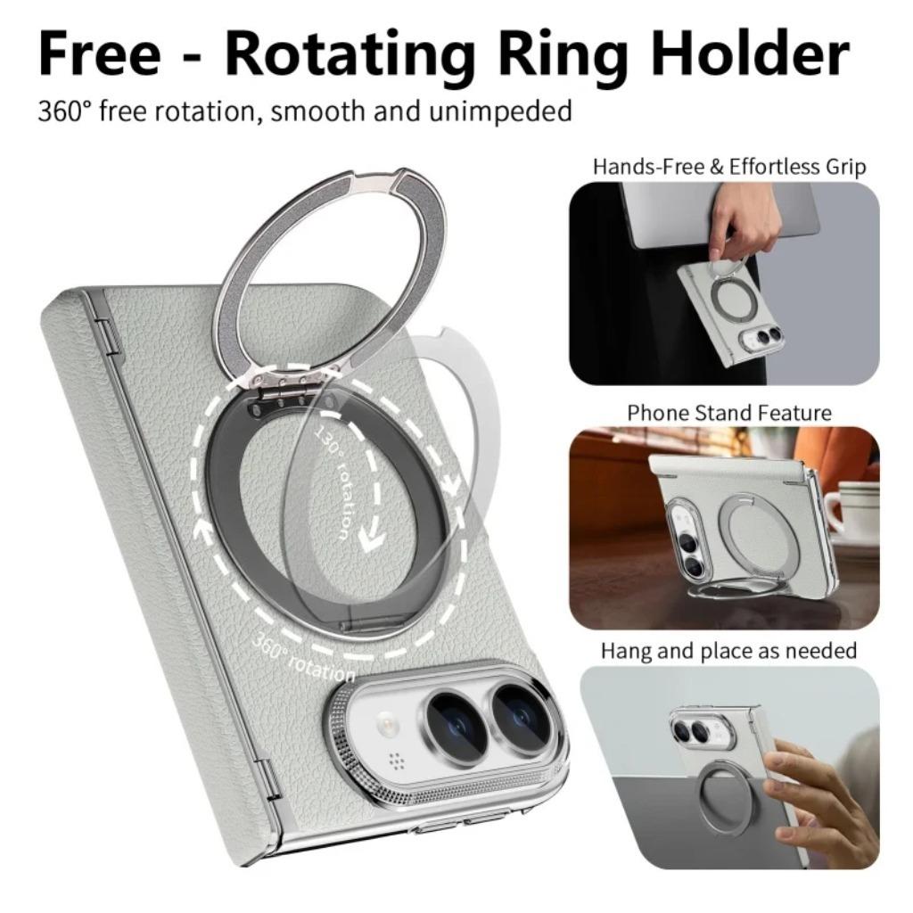 360 ° Rotating Magnetic Ring Kickstand Phone Case for IPhone Duo 18 Fold PU Leather Hinge Protection Wireless Charging Cover