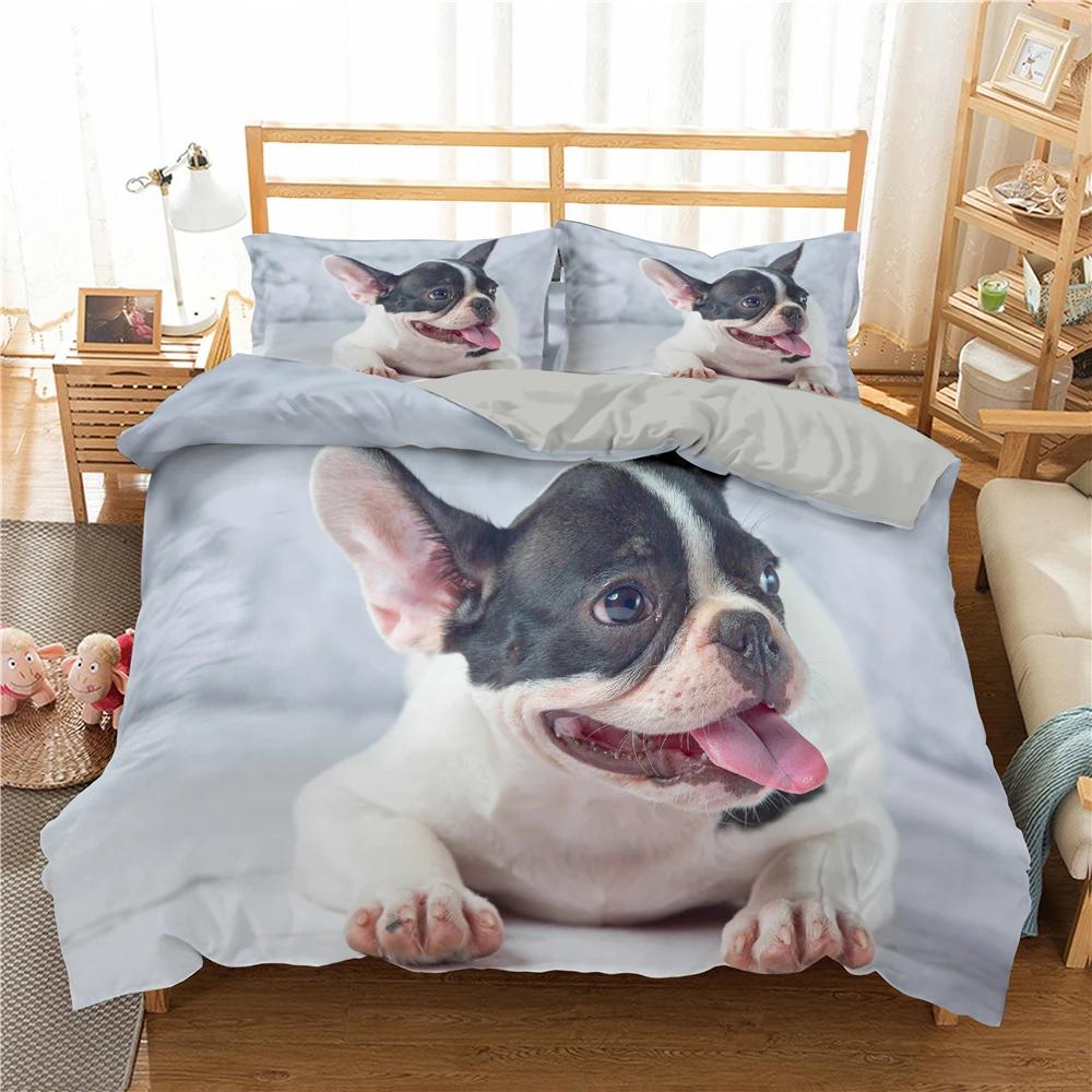 Bulldog Bettwäsche-Set Haustier Welpe Hund Bettbezug Cartoon Tierdruck Bettdeckenbezug King Queen 2/3-teilig Polyester Steppdeckenbezug