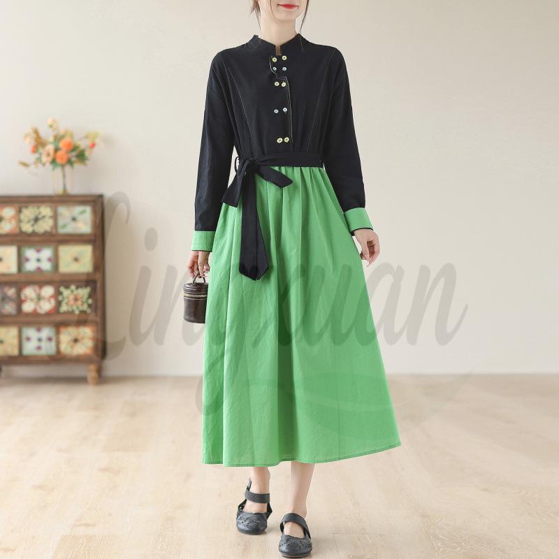 Ethnic Style Cotton-Linen Dress: 2026 Spring/Summer Artistic Retro Color-Blocking Long Sleeve Slimming Long Dress M