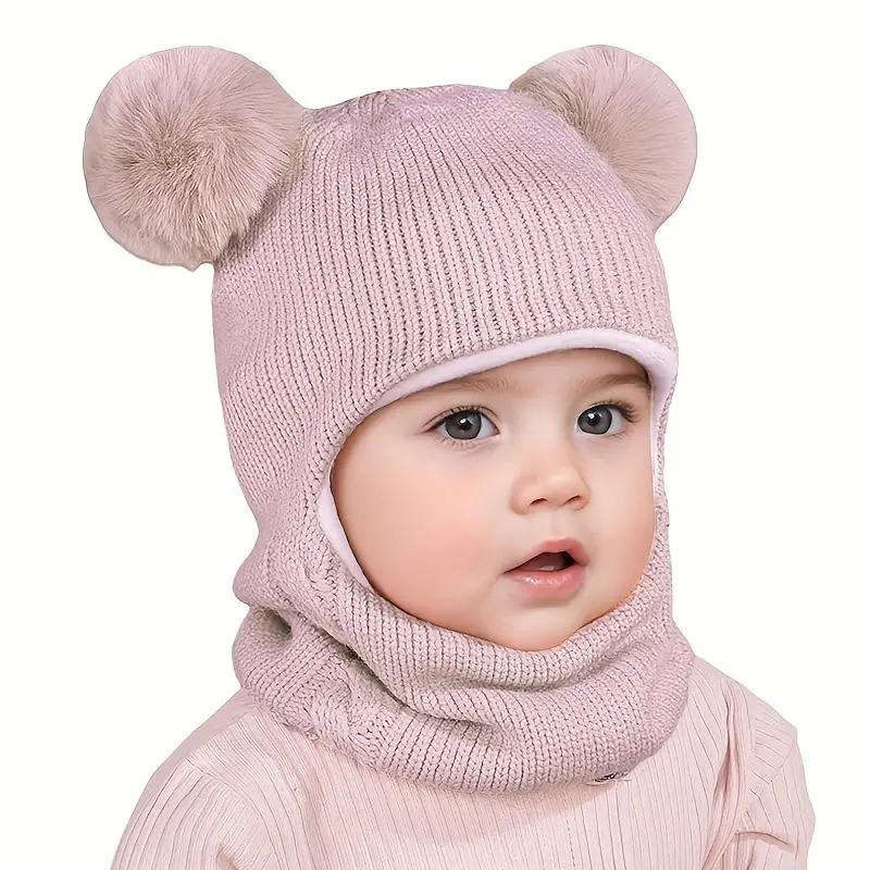 1-4 Years Kids Winter Hat Scarf Set - Sweet Bear Knitted Ear Flap, Warm Soft Integrated Cap, Hand Washable Toddler Accessory