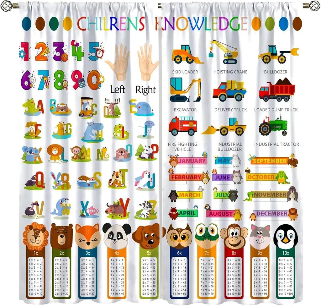 Abc Alphabet Curtains, Cartoon Toddler Colourful Animals Numbers Colours Classroom Learning Windows Treatments Drapes For Kids
