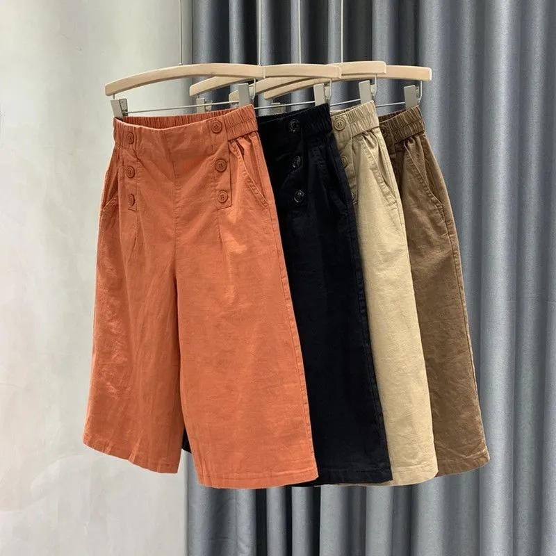 Seven inch pants with high waist, slim and wide legs, casual pants with versatile temperament, thin mid length pants