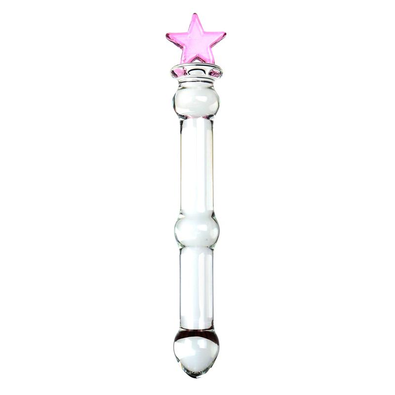 VaHppy Sexuální hračky pro dívky Lesbické skleněné Růžové dilda Umělý penis Pohádkové hůlky Láska/Mláďata/Měsíc/Pentagram 17*2,4cm Masturbace