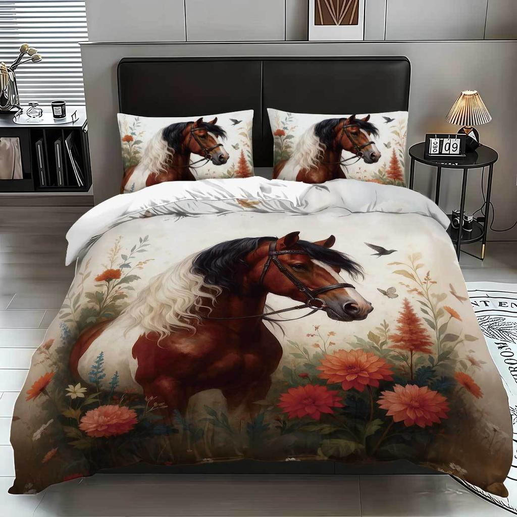 Home Textile Three-Piece Quilt Cover Horse 3D Digital Printing Kit Horse Thickened Abraded Cloth Pillowcase Quilt Cover