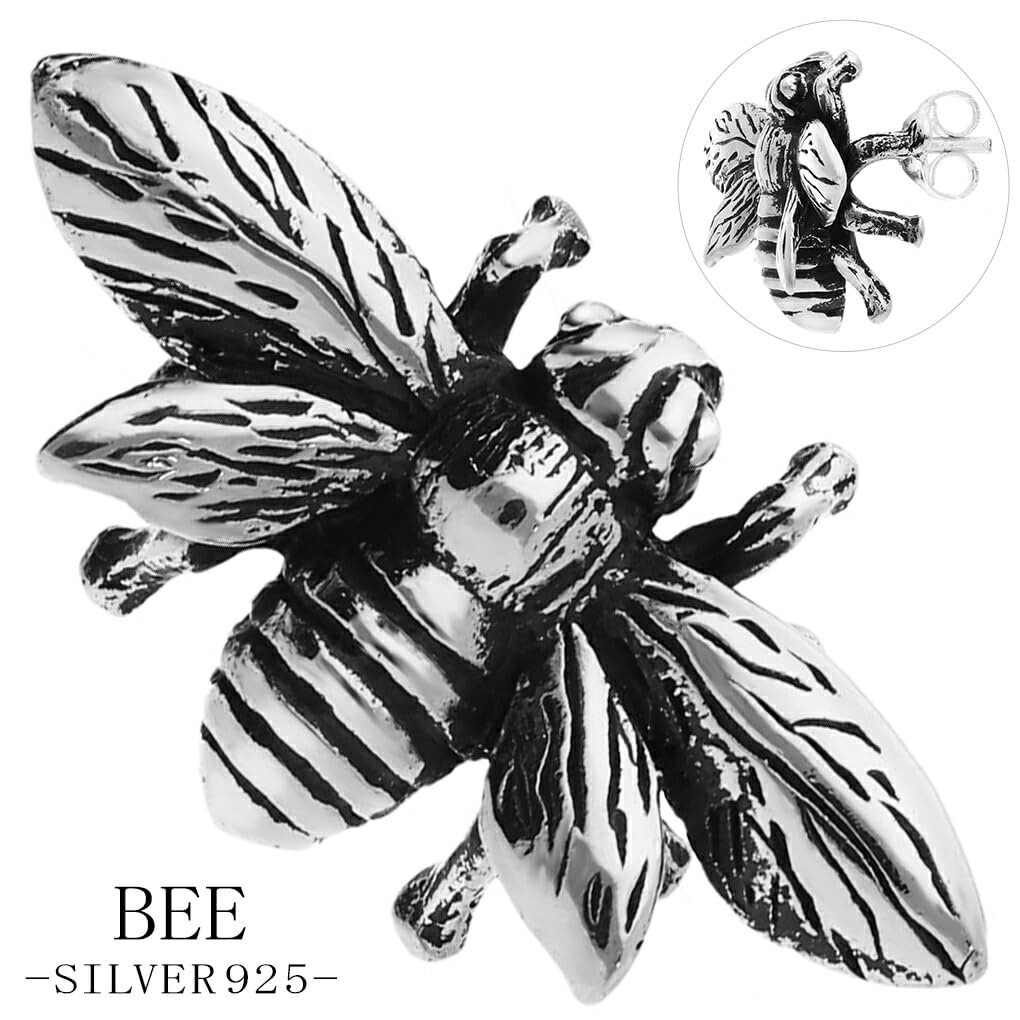 [Shinjuku Gin no Kura] Bee Stud Earrings, 925 Silver, Single Earring, 3D Realistic Insect, Living Creature Item