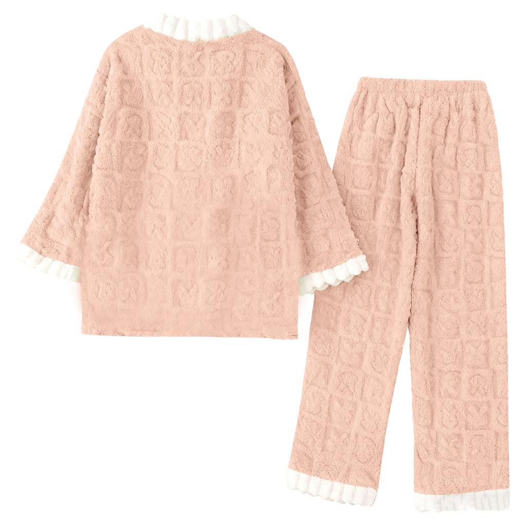 Women's Long-sleeved Flannel Thickened Warm Home Wear Cardigan Set For Outerwear