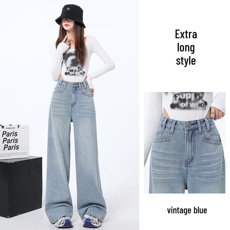 Spring 2025 Women's High Waist Retro Blue Wide-Leg Jeans - Floor-Length, Slimming, Loose Fit.