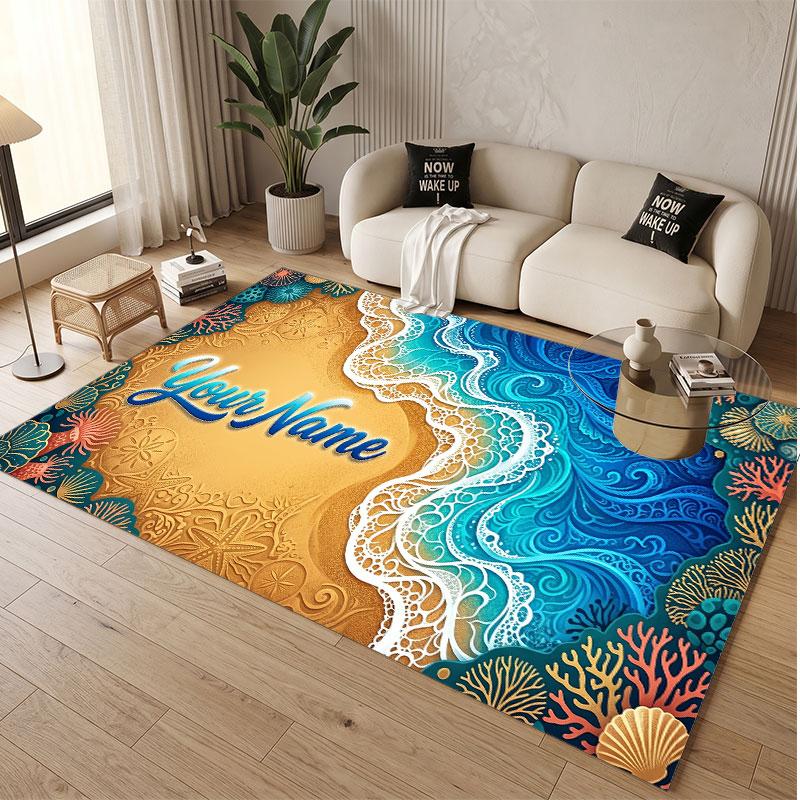 Fish Ocean Theme Soft Crystal Velvet Rug Custom Name & Text Print Non Slip Floor Rug for Bedroom Living Room
