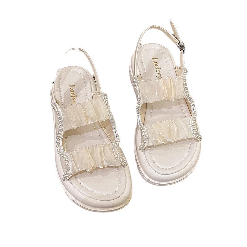 2025 Popular Sandals New Fashion Fairy Word with Sandals Pearl Outer Wear Soft-soled Casual Women's Shoes